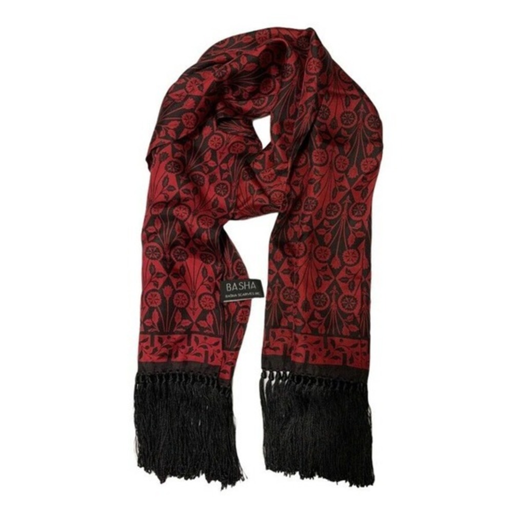 Designer Silk Scarf 62x10 Basha High End Red Black